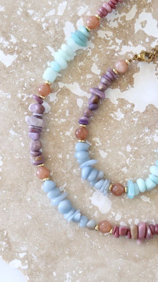 Temple Necklace by Solara Boheme with sunstones, amazonite, aventurine, and gold stainless steel clasp for balance and calm