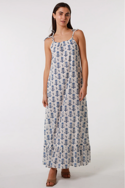 Bloom Slip Maxi Dress by Solara Boheme, featuring handloom Indian cotton with blue floral print and adjustable ties.