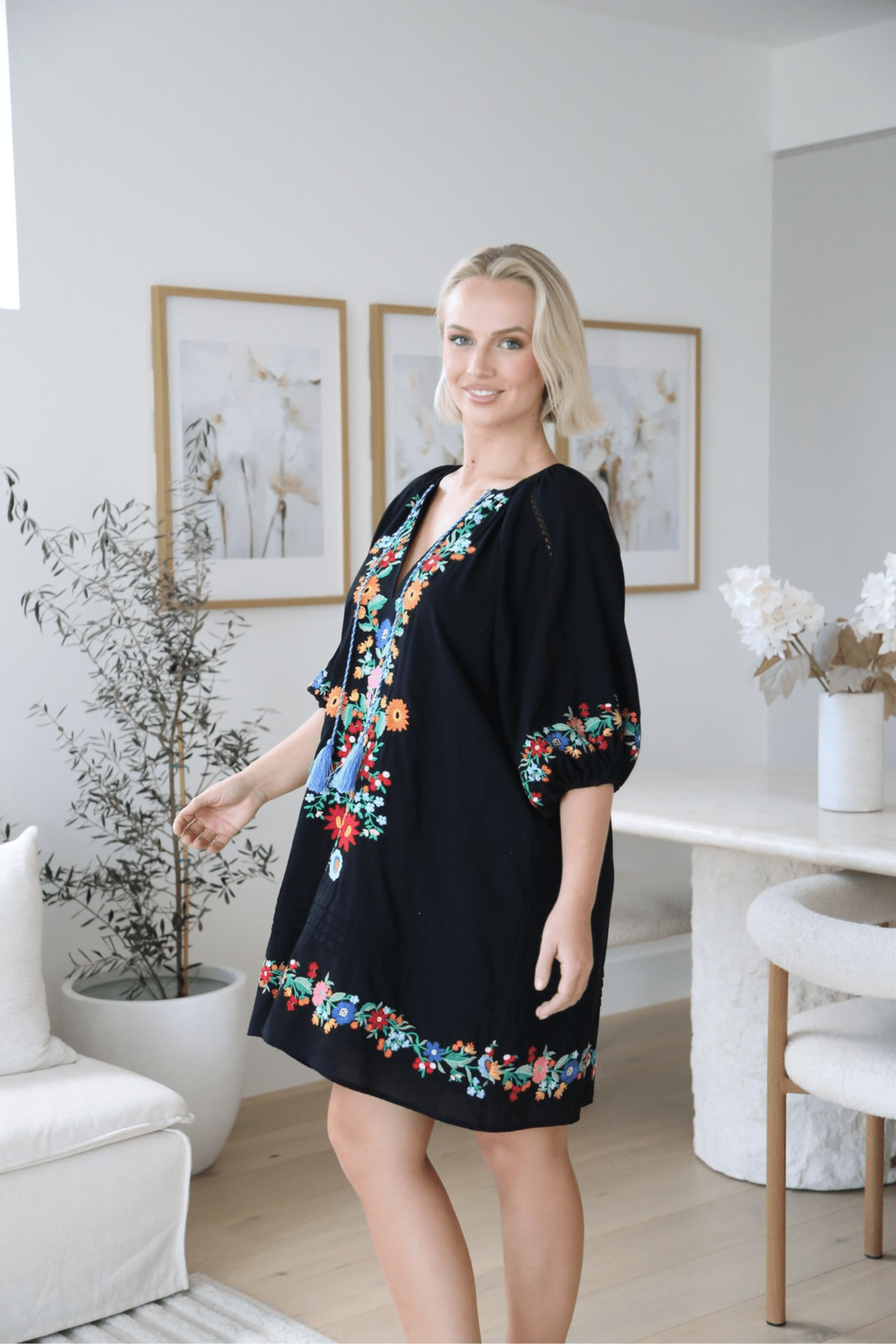 Boho Bloom Mini Dress - Black - Solara Boheme