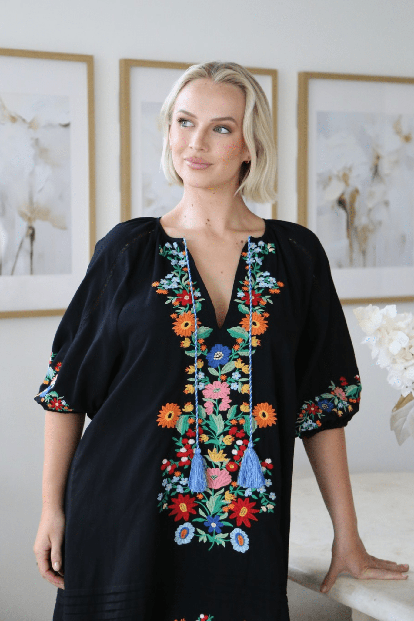 Boho Bloom Mini Dress - Black - Solara Boheme