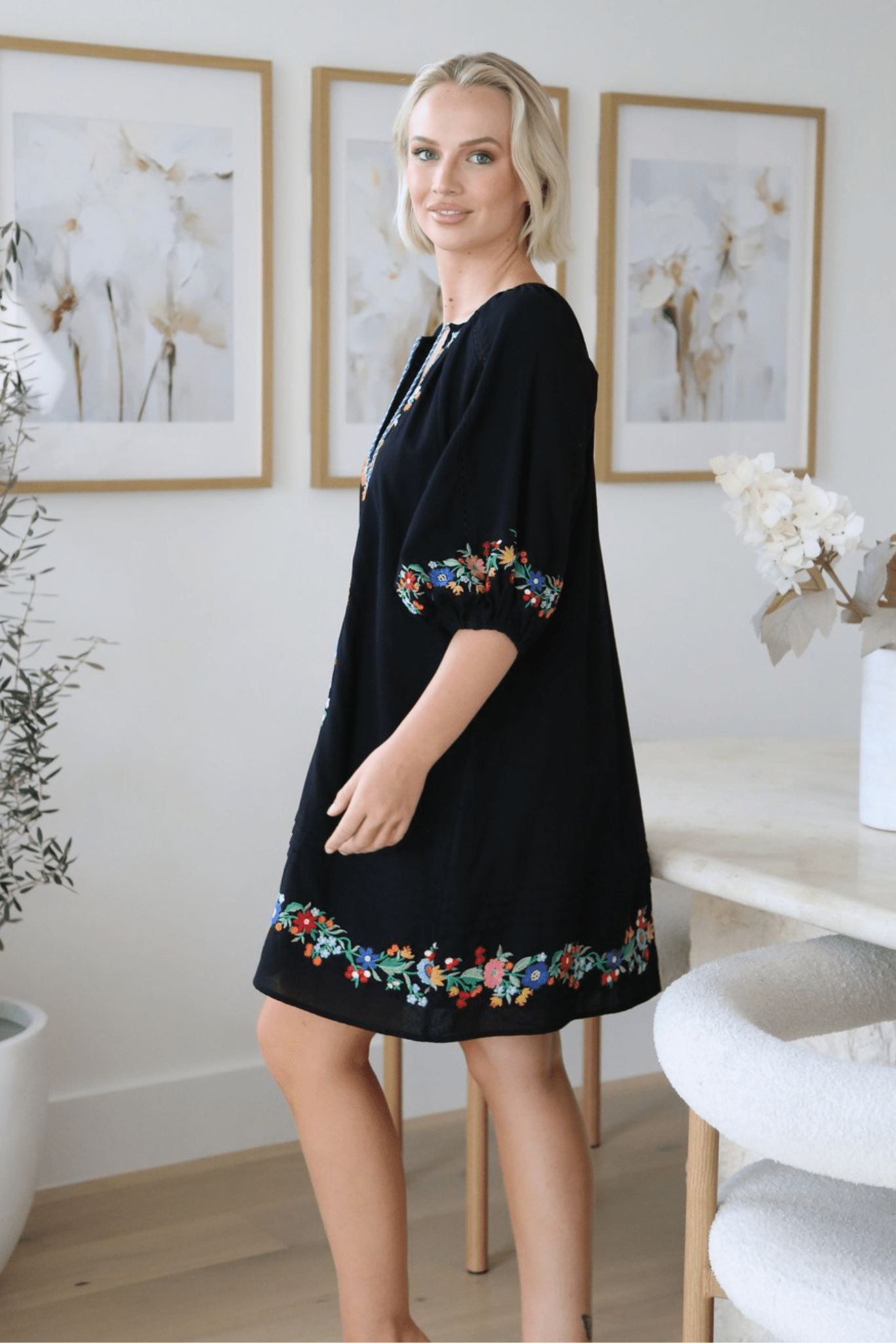 Boho Bloom Mini Dress - Black - Solara Boheme