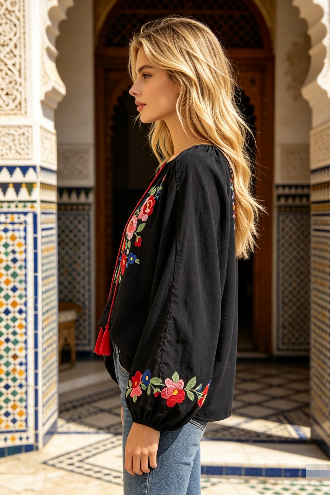 Woman wearing a black blouse with floral embroidery in a decorative setting