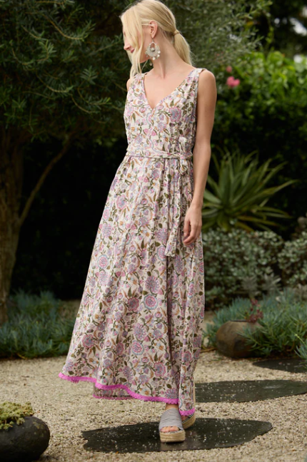 Esme Maxi Dress by Solara Boheme features a floral pattern, lightweight cotton fabric, and a belted waist for elegant comfort.