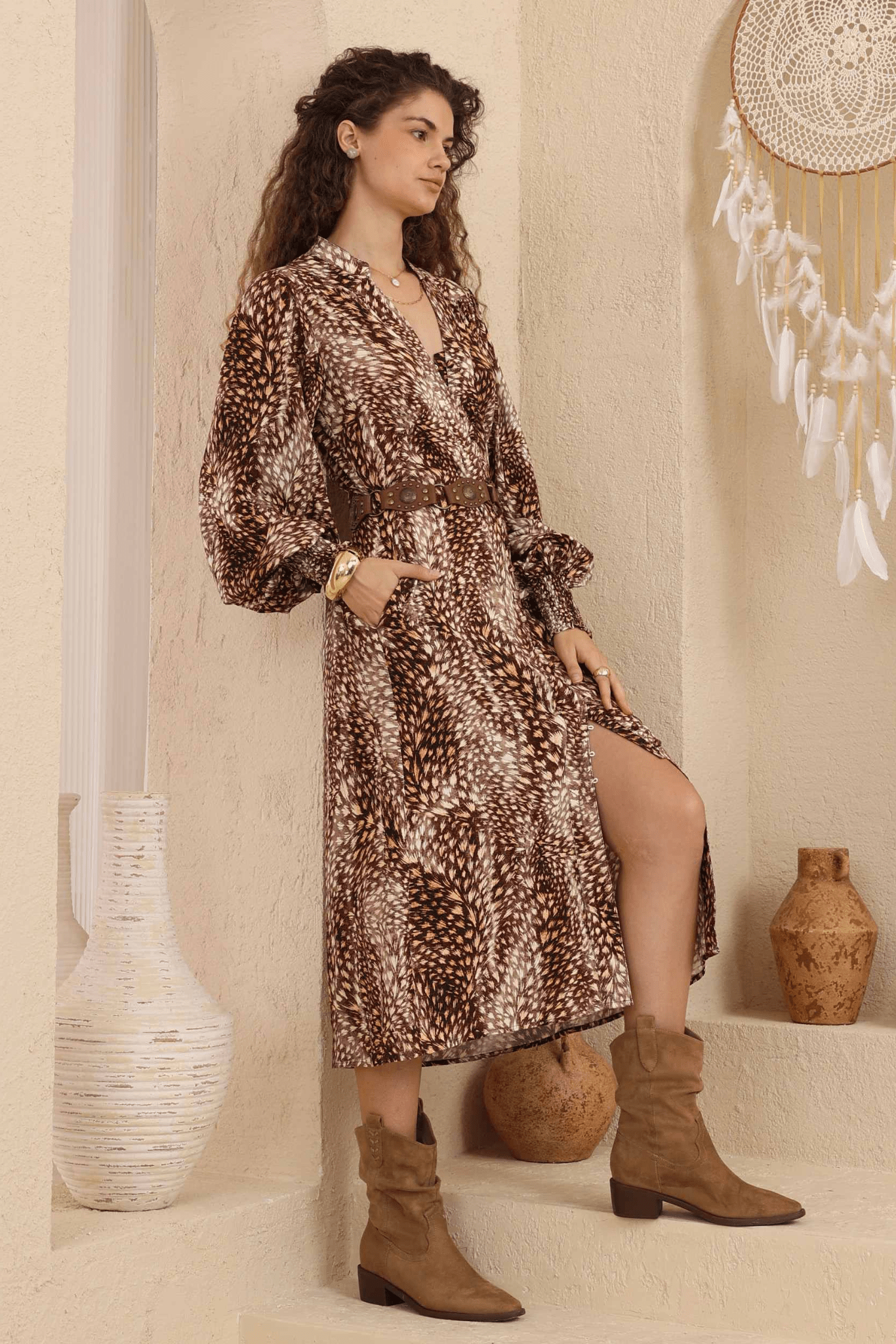 Featherwood Midi Dress - Solara Boheme
