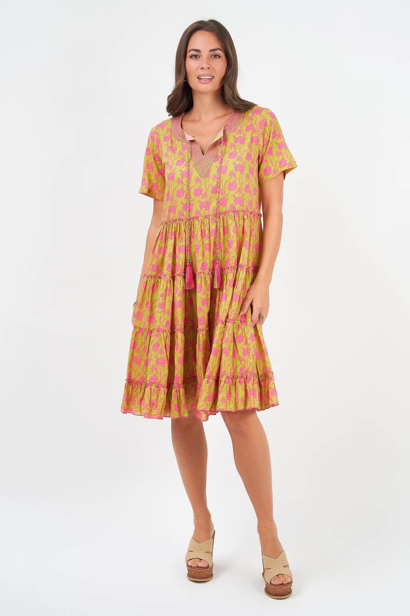 Woman wearing the Libra Dress Poet Fuschia by My Store featuring tiered skirt and embroidered neckline