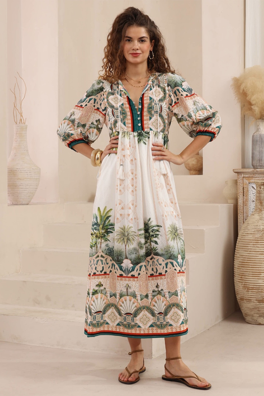 Woman wearing a floral dress with a neutral background