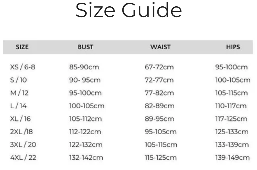 Size guide chart for Solara Boheme Amber Maxi Dress showing bust, waist, and hips measurements in centimeters.