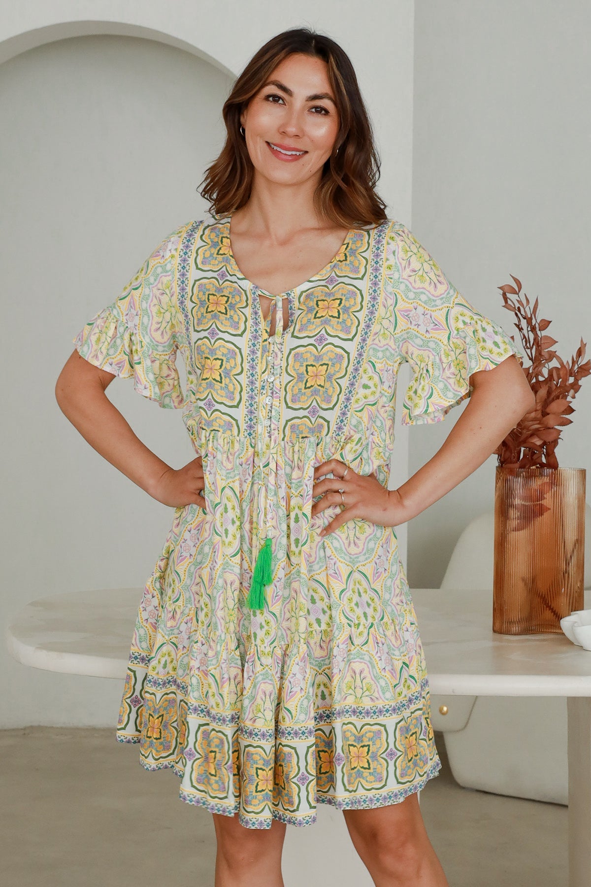 Ryder Mini Dress by My Store features breathable rayon with unique patterned design and relaxed fit for comfortable wear.