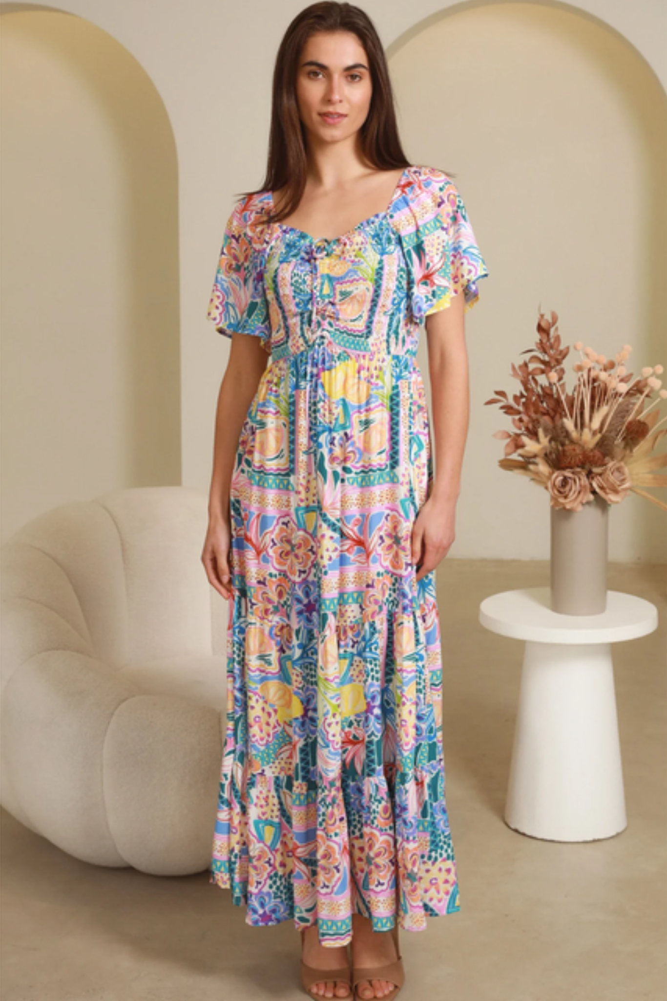 Sharon Short Sleeves Maxi Dress by My Store with colorful pattern and lightweight breathable fabric on model indoors