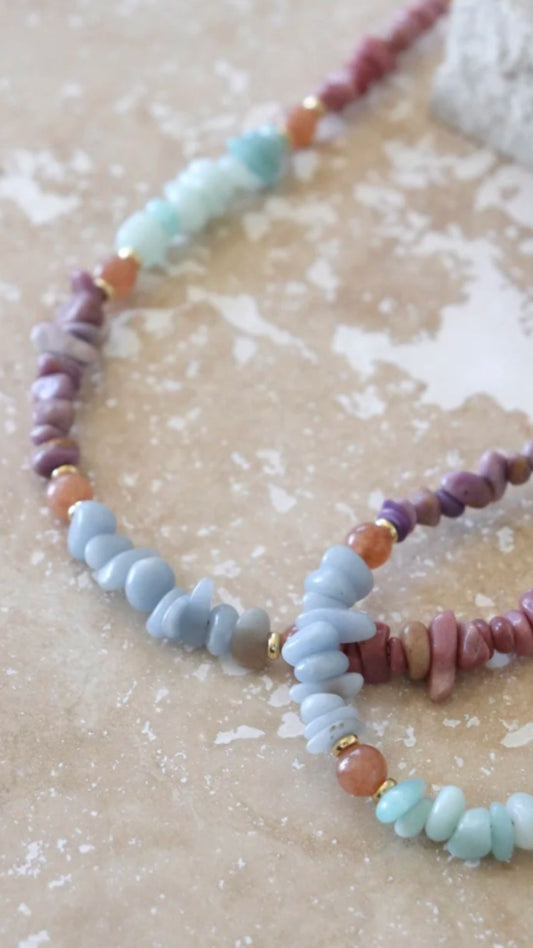 Close-up of Solara Boheme Temple Necklace featuring natural sunstones, amazonite, aventurine beads arranged for balance and calm